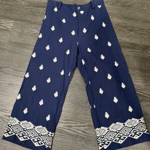 Zara Pants L Navy Blue Cream Linen Blend Embroidered Wide Leg Crop Boho Trousers